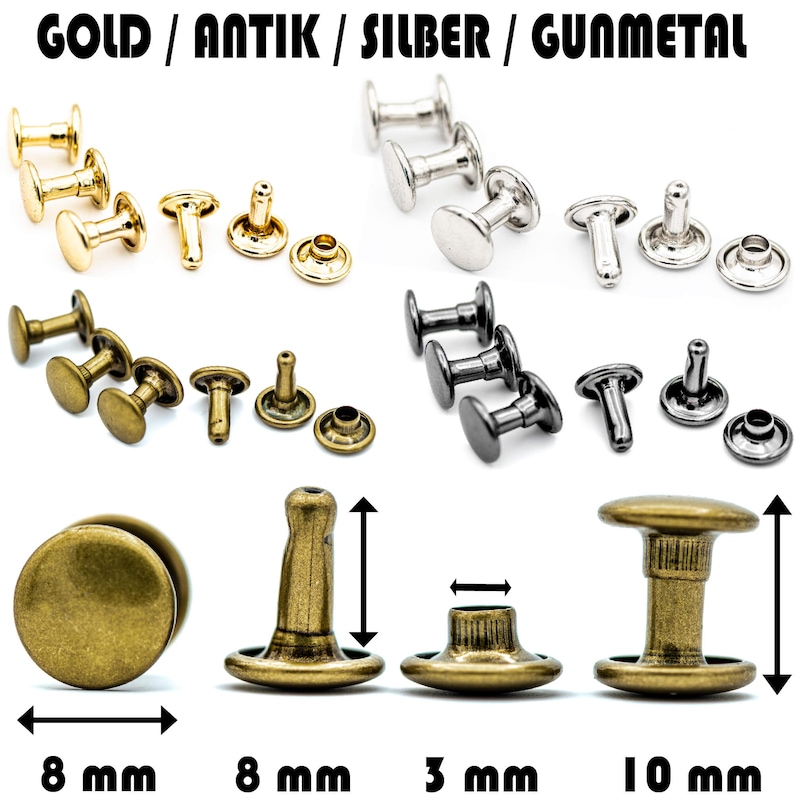 May include: Assortment of metal rivets in gold, antique brass, silver, and gunmetal finishes. The rivets are 8 mm in diameter and have a 3 mm head. The rivets are 10 mm in length.