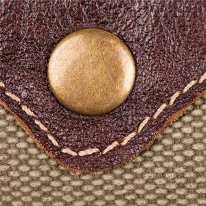 May include: Close-up of a brown leather patch with a stitched edge and a gold-toned metal button. The patch is sewn onto a beige canvas fabric.