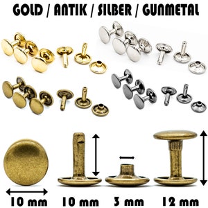 May include: Assortment of metal rivets in gold, antique brass, silver, and gunmetal finishes. The rivets are 10 mm in diameter and 10 mm in height. The rivets have a 3 mm base and a 12 mm post.