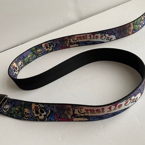 Graffiti Design Canvas Belt(Trust No One), Reversible, Buckle Bottle Opener, Size Up To 48" Waist