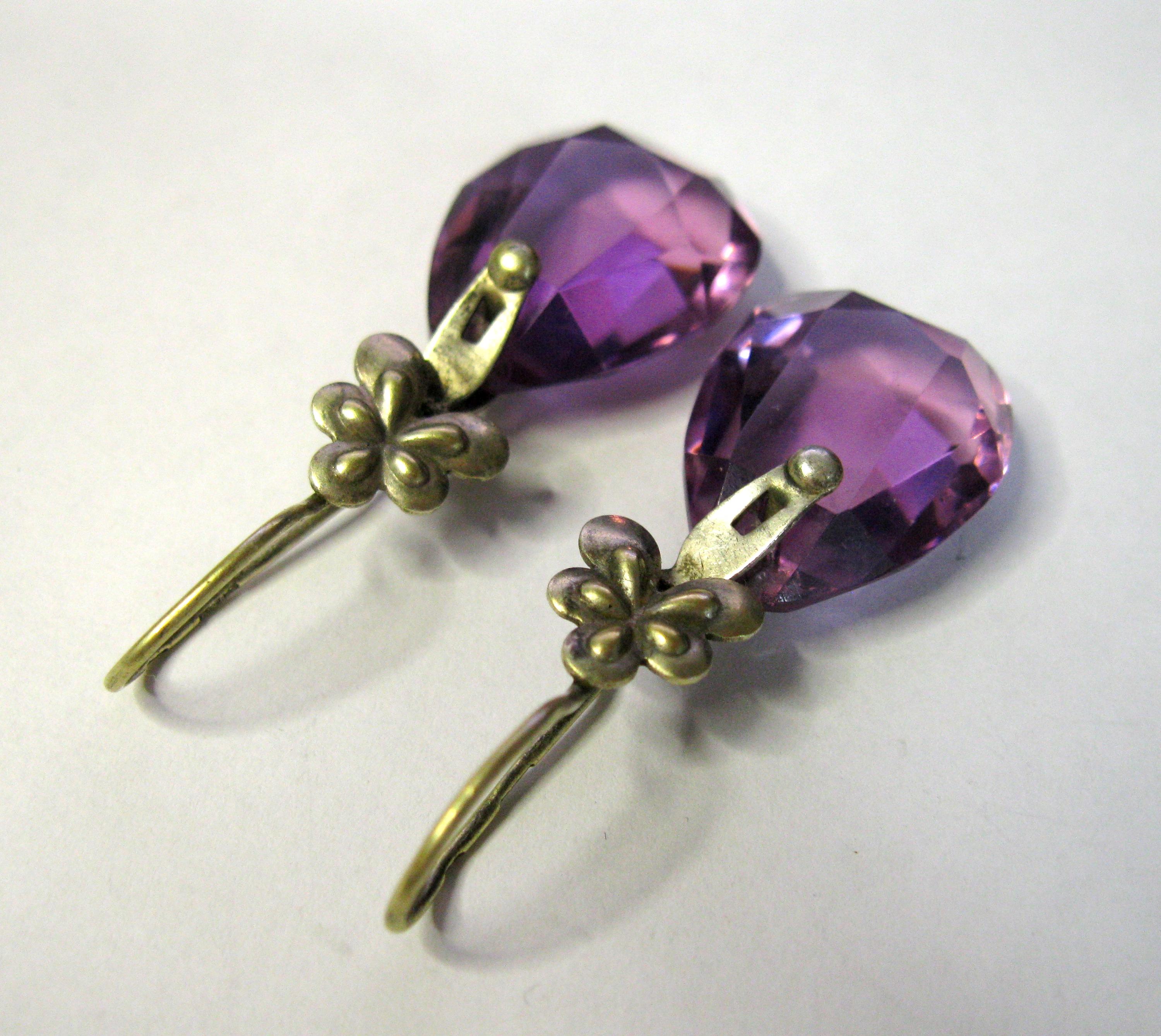 Magnifiques Boucles D'oreilles Anciennes En Argent 875 Et Vermeil Rose Avec Strass Blancs