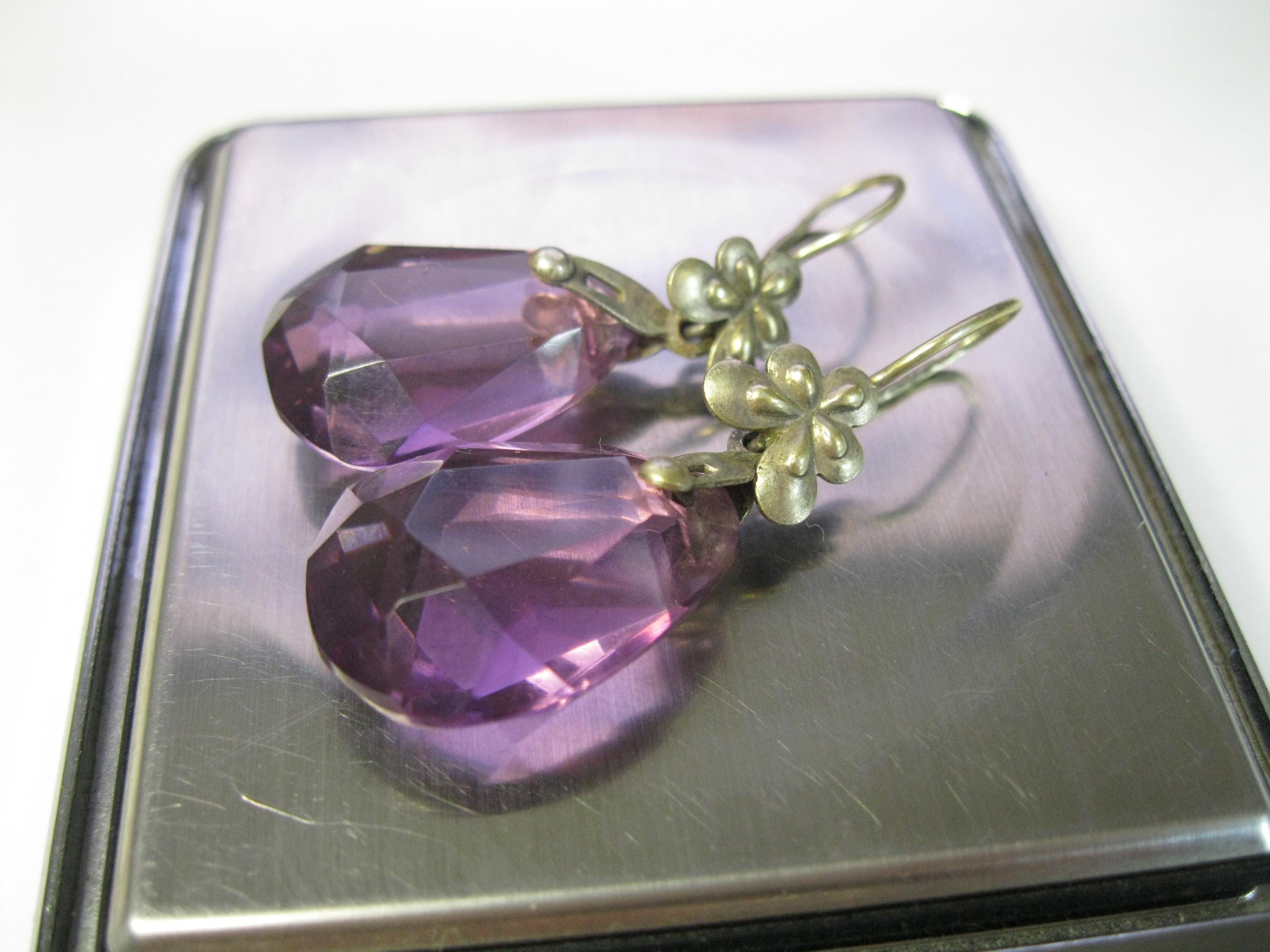 Boucles D'oreilles Anciennes En Argent 875 Et Vermeil Rose - Avec Strass Blancs, Très Bon état