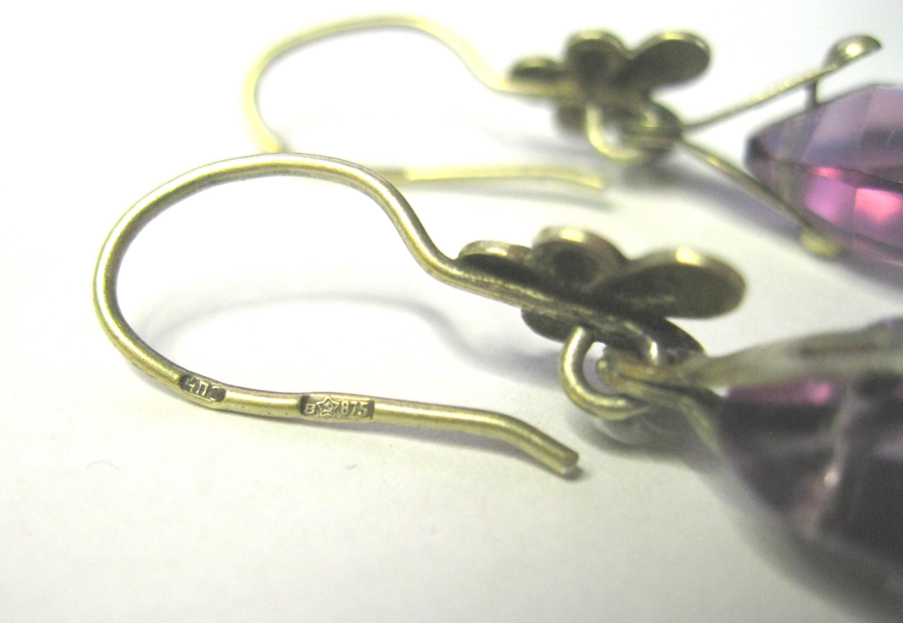 Boucles D'oreilles Anciennes En Argent 875 Et Vermeil Rose - Avec Strass Blancs, Dormeuses, Très Bon état