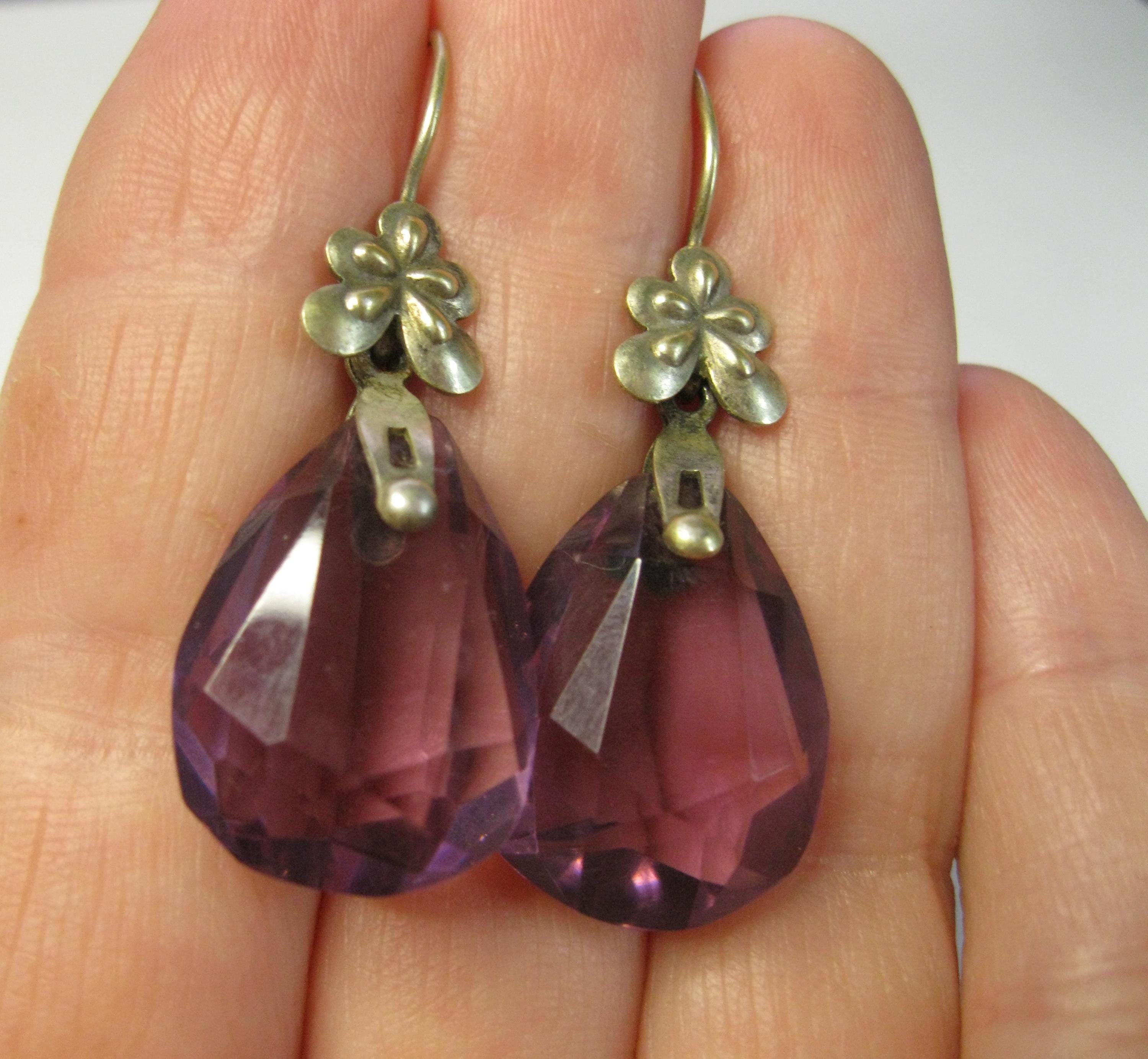 Boucles D'oreilles Anciennes En Argent 875 / Vermeil Rose Avec Strass - Très Bon état