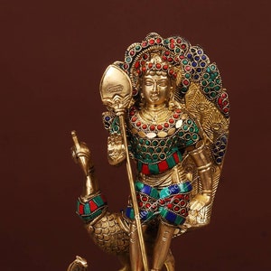 Lord Kartikeya Statue - Brass Murugan Swamy Sculpture - Kumara swamy Idol  - God Karthikeya Deity - Shanmukha Murti - Lord with Peacock
