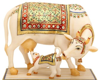 Kamdhenu Cow And Calf Figurine - Gai Bachda Sculpture - Hindu Religious Sculpture - Culture Mable Cow Calf Statue - Gau Mata Figurine - Idol