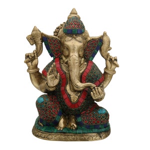 Brass Lord Gajanan Idol - Stone Stud Ganpati Statue - Deva Ganesh Sculpture - Ekdant Figurine - Elephant Head God Statue - Vinayak Figurine