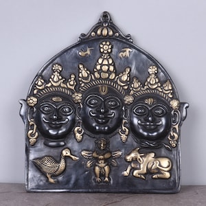 Brass Bhagwan Brahma Vishnu Mahesh Sculpture - Trimurti wall Hanging Figurine - Mahadev With Wagon Nandi - Lord Vishnu With Garuda Idol