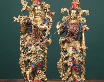 Messing Radha Krishna-standbeeld - 36 cm grote Radha Krishna Murti met metselwerk - grote Radhakrishna-sculptuur - hindoehuwelijkscadeau.