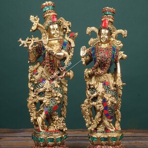 Brass Radha Krishna Statue - 36 cm Big Radha Krishna Murti with Stonework - Large Radhakrishna Sculpture- Hindu Marriage Anniversary gift.