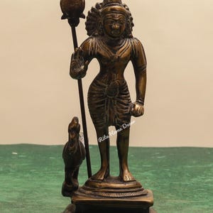 Lord Kartikeya Statue - Brass Antique Finish Murugan Swamy Sculpture - Kumara swamy Idol  - Shanmukha Murti - Lord with Peacock