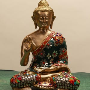 Brass Lord Buddha Statue - 27 CM Buddha Idol - Outdoor Indoor Buddhist Deity - Stonework Temple Altar - Yoga Studio - Meditation Room Decor