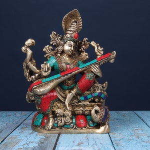 Maa Sarasvati Brass Statue - Devi Sharda Sculpture - Hindu Goddess Figurine - Bharati Idol Education Goddess Deity Religious Gift - Diwali
