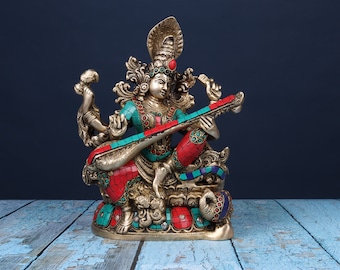 Estatua de latón Maa Sarasvati - Escultura Devi Sharda - Figura de la diosa hindú - Bharati Idol Educación Diosa Deidad Regalo religioso - Diwali