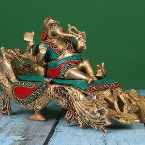 Statua di Braas Lord Ganesha - Idolo Ganesh a riposo - Scultura Ganpati per Tempio di casa/Puja - Dio della buona fortuna - Vinayak - Figurina Ganapthy