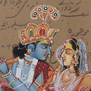 Radha Krishna Love Scene Painting su vecchia carta da francobolli - Arte fatta a mano per l'arredamento della casa - Amore su carta - Regalo per matrimonio - Decorazione per la casa