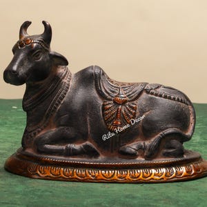 Brass Nandi Statue with Antique Finish, Lord Shiva Wagon Sculpture, Sitting Nandi Figurine, Devine Bull Figurine,Gate Keeper Of Siva Parvati