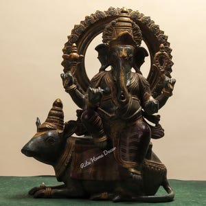 Brass Ganesha Statue - Antique Finish 16.5&quot; Inch - Big Ganesh Figure in Brass on Rat - Ganapathi Idol With Mouse For Religious Home Decor