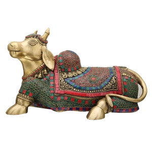 Brass Nandi Statue with Stone Work , Lord Shiva Wagon Sculpture, Sitting Nandi Figurine , Devine Bull Figurine ,Gate Keeper Of Siva Parvati