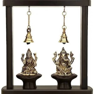 Brass Lord Ganesha And Goddess Laxmi Statue -  Ganpati Lakshmi Statue With Wood Frame - Gajanan Sculpture - Wealth Goddess Sculpture - Idol