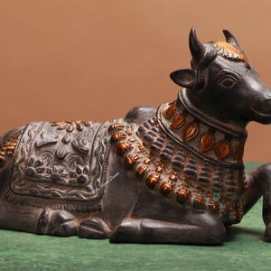 Brass Nandi Statue with Antique Finish, Lord Shiva Wagon Sculpture, Sitting Nandi Figurine , Devine Bull ,Gate Keeper Of Siva Parvati