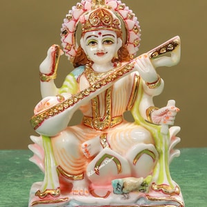 Maa Saraswati Statue, 22 Cm Marble Dust Saraswati Sitting On Lotus, Mother Sarasvati Idol, Hindu Goddess of Knowledge Deity , Music & Wisdom