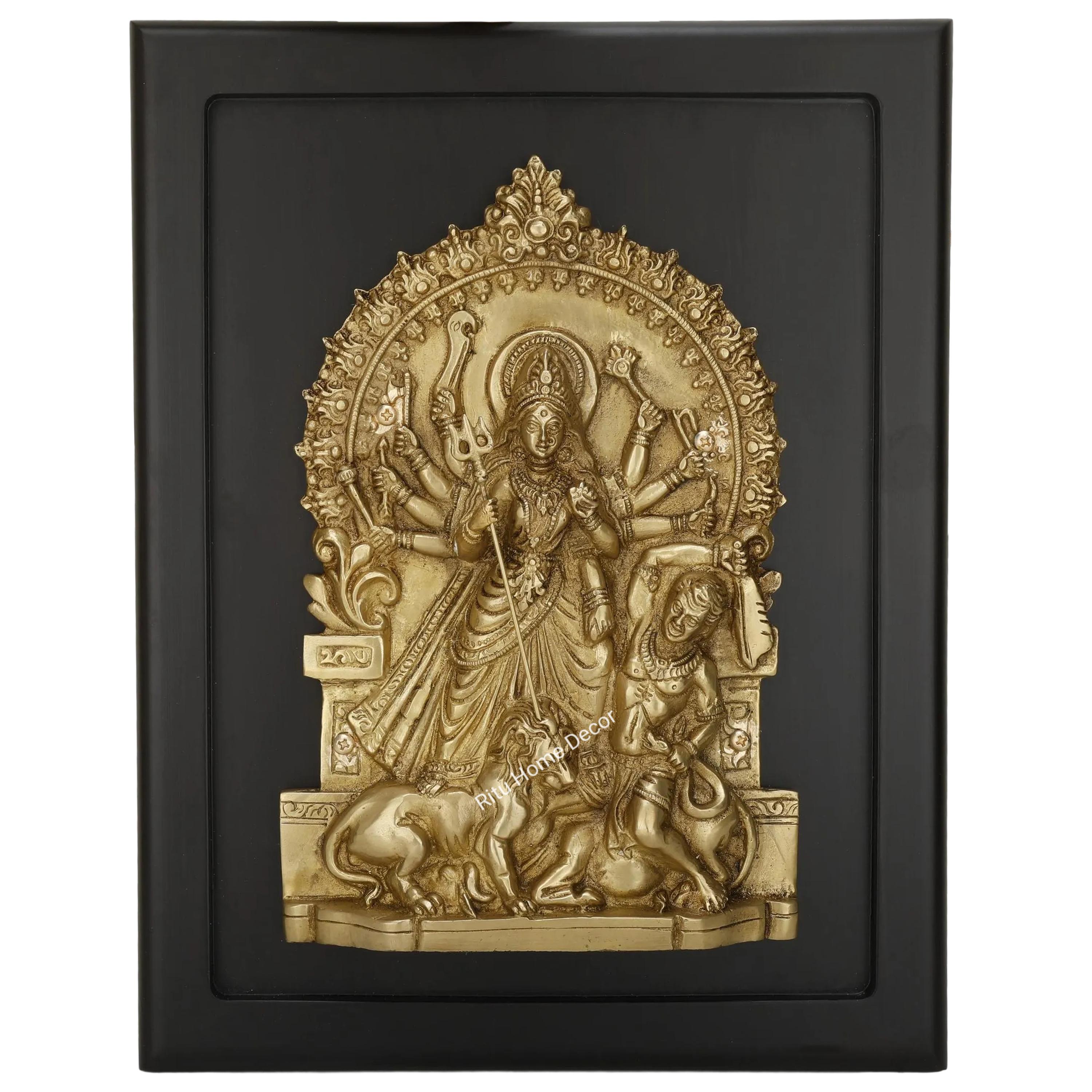 Brass Ekchala Maa Durga Statue - 21 cm Brass Mahishasura Mardini Sculpture With MDF wooden Base - Akchali - Durga Idol with Family, Ambe Ma