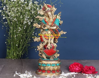 Brass Radha Statue – 12 Inch Hindu Radhika Sculpture, Stone Studded