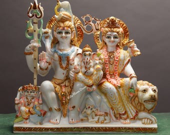 Estatua de la familia Lord Shiva - Mármol cultural 17,6" Shiv Pariwar Idol - Devi Parvati Ganesh Kartikeya Escultura Shankar Parivar Deidad Mahadev