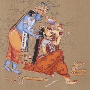 Radha Krishna Love Scene Painting su vecchia carta da francobolli - Arte fatta a mano per l'arredamento della casa - Amore su carta - Regalo per matrimonio - Decorazione per la casa