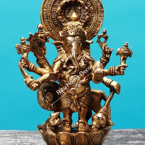 Brass Lord Ganesha Statue - Warrior Ganpati Idol - Dhristi Ganesh Figurine - Ekdañt Sculpture - Bhagwan Ganesh Idol - Gajanan Deity - Gift