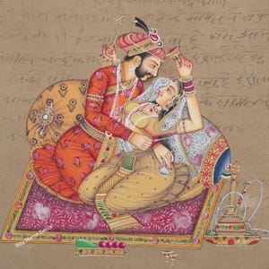 Dipinto di scena d'amore Mughal su carta da francobolli antica - Arte fatta a mano per l'arredamento della casa - Amore tra re e regina su carta - Regalo per matrimonio - Arredamento per la casa