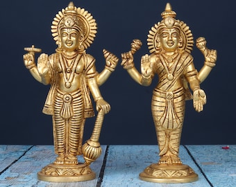 Brass Lakshmi Narayan Idol - Standing Vishnu Lakshmi Statue - Laxmi Narayana Figurine - Lord Vishnu Goddess Laxmi Sculpture for Home Temple