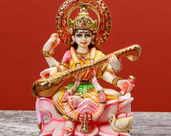 Godin Saraswati 9" standbeeld, Sharda Idol sculptuur, hindoegodin van fortuin, kennis, muziek, tempel Mandir standbeeld, Sarasvathy Idol