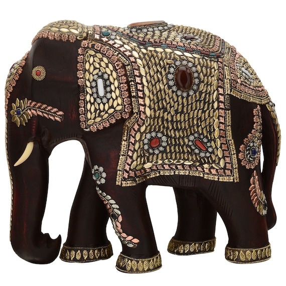 Handmade Jeweled Wooden Elephant Statue – Home Decor Souvenir