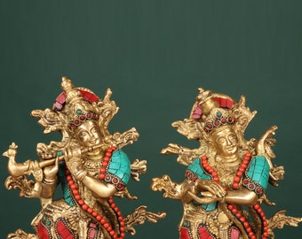 真鍮製ラダ・クリシュナ像 – 高さ12インチのヒンドゥー教の偶像、石