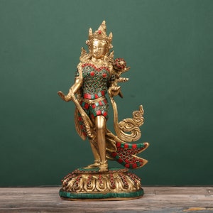 Brass Goddess Tara Statue - Standing Tara Idol For Worship - 39 CM Female Buddha Sculpture - Green Tara For Home Temple - Tibetan Goddess