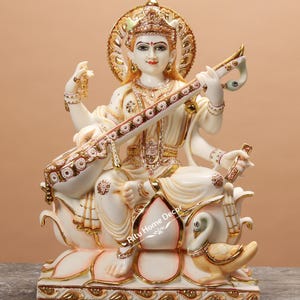 Goddess Saraswati 18&quot; Statue - Sharda Idol Sculpture - Hindu Goddess of Fortune - Knowledge, Music, Temple Mandir Statue, Sarasvathy Idol
