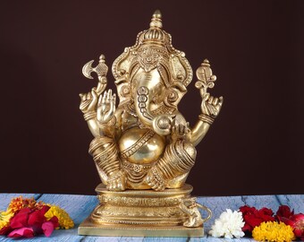 Brass Ganesha Statue - Large Ganesh Idol for Home Temple (12 Inch)