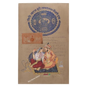Dipinto di scena d'amore Mughal su carta da francobolli antica - Arte fatta a mano per l'arredamento della casa - Amore tra re e regina su carta - Regalo per matrimonio - Arredamento per la casa