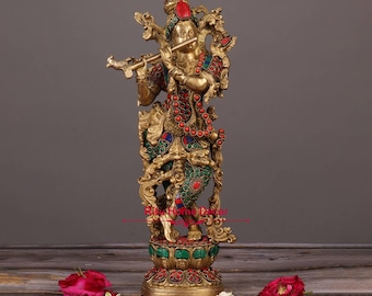 Brass Lord Krishna Statue - Madhav Idol - Hindu God Figurine - 14" Keshav Sculpture - Madhusudan Statue - Kisna  - Gopal - Shayam Moorti