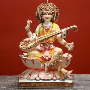 Maa Saraswati Statue, 39 Cm Marble Dust Saraswati Sitting On Lotus, Mother Sarasvati Idol, Hindu Goddess of Knowledge Deity , Music & Wisdom