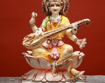 Maa Saraswati Statue, 39 Cm Marble Dust Saraswati Sitting On Lotus, Mother Sarasvati Idol, Hindu Goddess of Knowledge Deity , Music & Wisdom