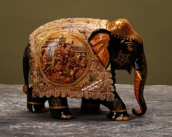 Wood Elephant Statue - Wild Animal Figurine - Royal King Scenes Painting Elephant Statue -  Animal Figurine - Forest Animal Statue
