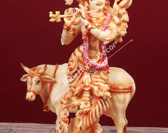 Hand Painted Krishna Statue with Cow, Dust Marble Gopala (27CM)