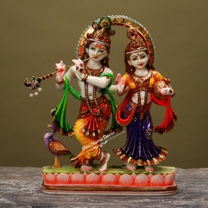 Radha Krishna Statue, 26 cm Hand painted Cultured Marble Radha Krishna Murti, Radhe Krishna Figurine, Multicolour Idol - Gopal Gopika