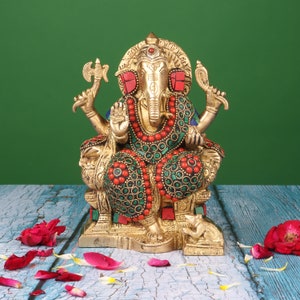 Brass Ganesha Statue on Sinhasan -  Unique Ganesha Statue - Vinayaka Statue - Indian Brass Sculpture - Mosaic Stonework Ganesh Idol - Decor