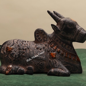 Brass Nandi Statue with Antique Finish, Lord Shiva Wagon Sculpture, Sitting Nandi Figurine, Devine Bull Figurine,Gate Keeper Of Siva Parvati