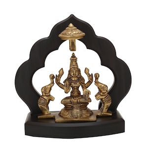 Gaj Lakshmi Statue - Wooden Temple - Goddess Of Wealth Statue - Brass Devi Padma Idol - Lord Vishnu Beloved Sculpture - Indian Forutna Devi