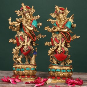 Brass Radha Krishna Statue - 12 Inch Radha Madhav Idol - Hindu Religious Love Symbol - Radhe Krishn Sculpture - Stone Stud Radhika Kisna